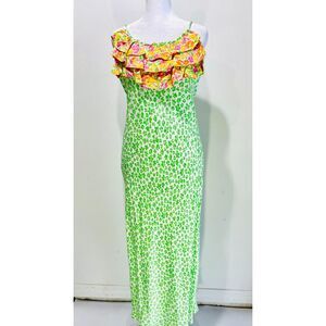 Rixo Y2K slip maxi dress flare ruffle colorful green leopard summer women S